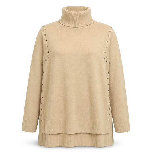 Peryol Basic Women Beige M Roll Neck Button Detail Knit Tunic Jumper