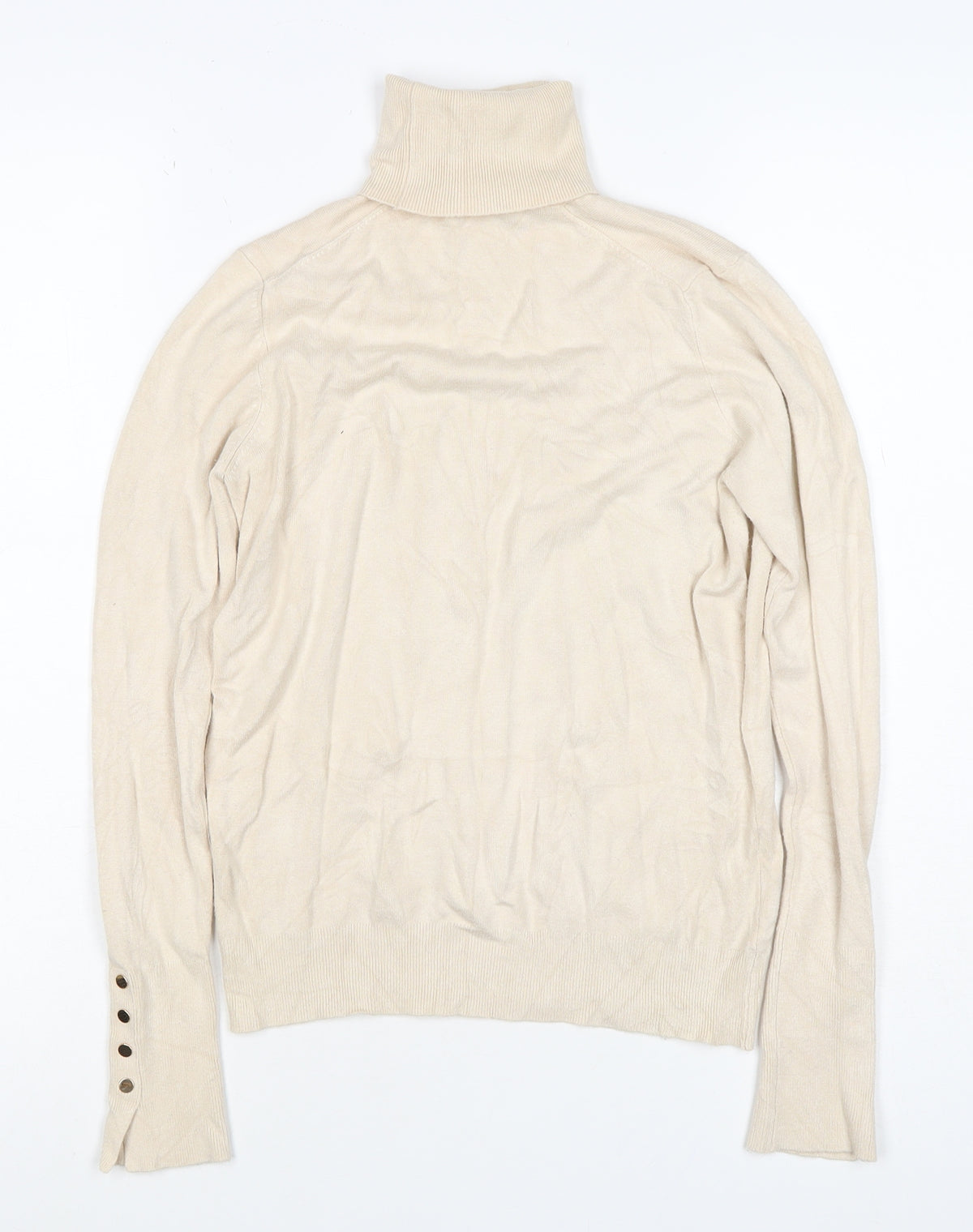 Zara Women Ivory Roll Neck Button Cuff Knit Jumper Size M