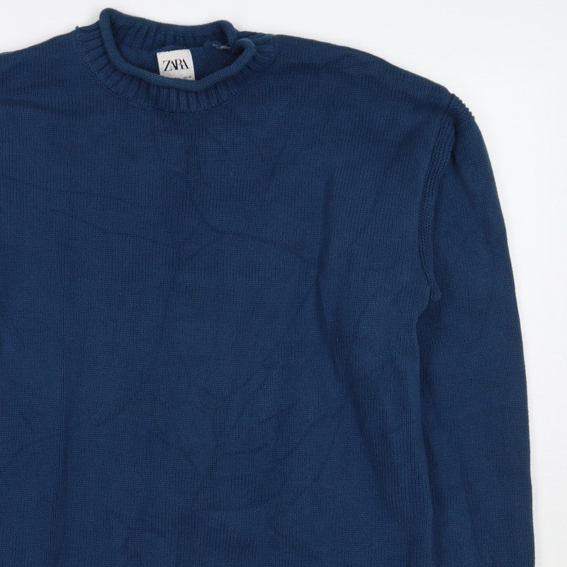 Zara Women Blue M Cotton Crew Neck Long Sleeve Knit Pullover Jumper