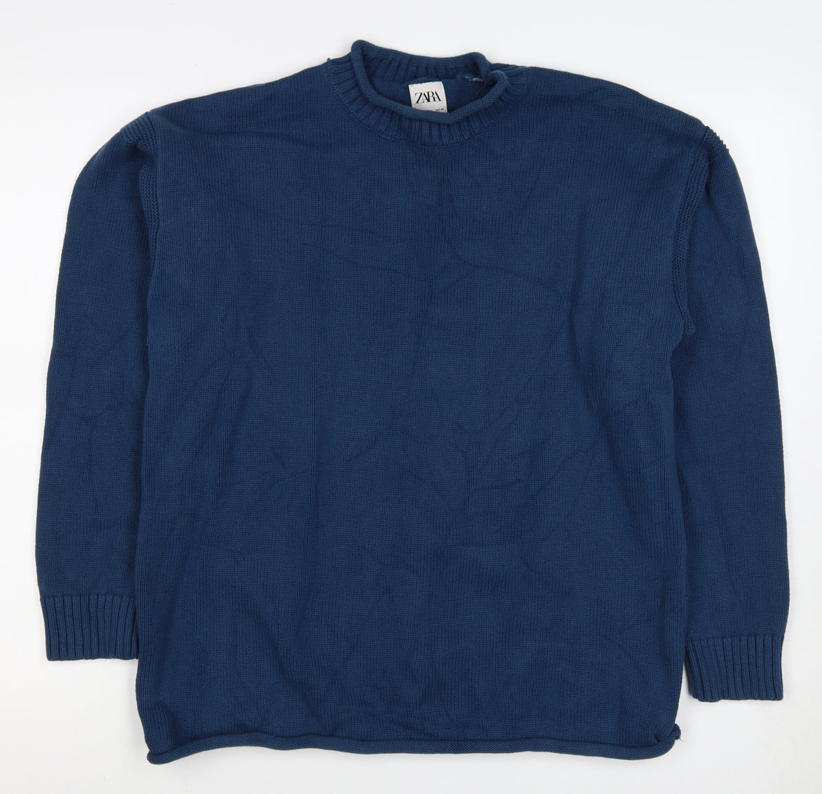Zara Women Blue M Cotton Crew Neck Long Sleeve Knit Pullover Jumper