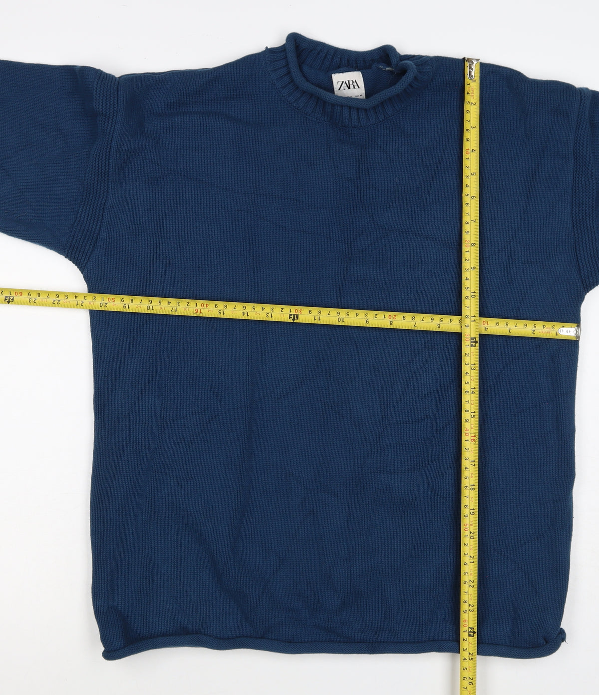 Zara Women Blue M Cotton Crew Neck Long Sleeve Knit Pullover Jumper