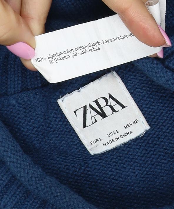 Zara Women Blue M Cotton Crew Neck Long Sleeve Knit Pullover Jumper