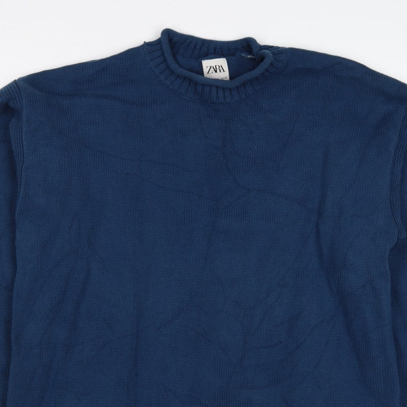 Zara Women Blue M Cotton Crew Neck Long Sleeve Knit Pullover Jumper