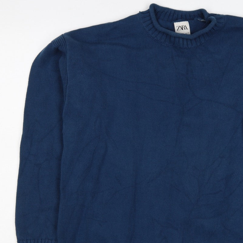 Zara Women Blue M Cotton Crew Neck Long Sleeve Knit Pullover Jumper