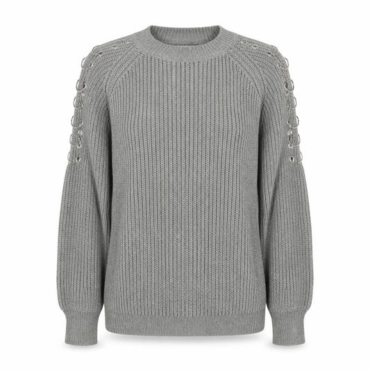 Seint Women Grey M Chunky Knit Crew Neck Ring Detail Jumper