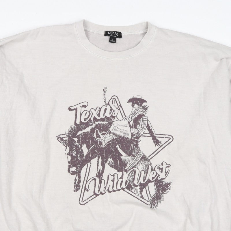 boohooMAN Men’s Beige L Texas Wild West Graphic Crew Sweatshirt
