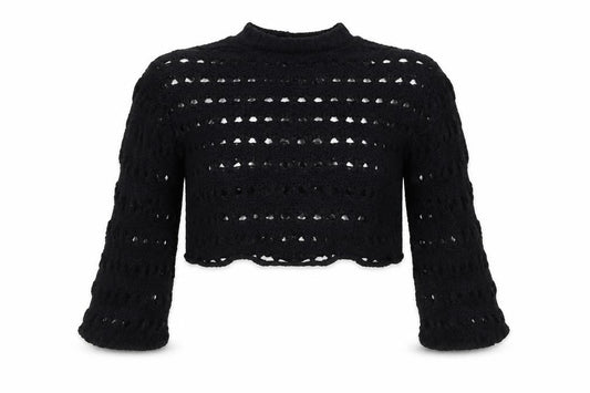 Oasis Women Black S Cropped Open Knit High Neck Bell Sleeve Jumper