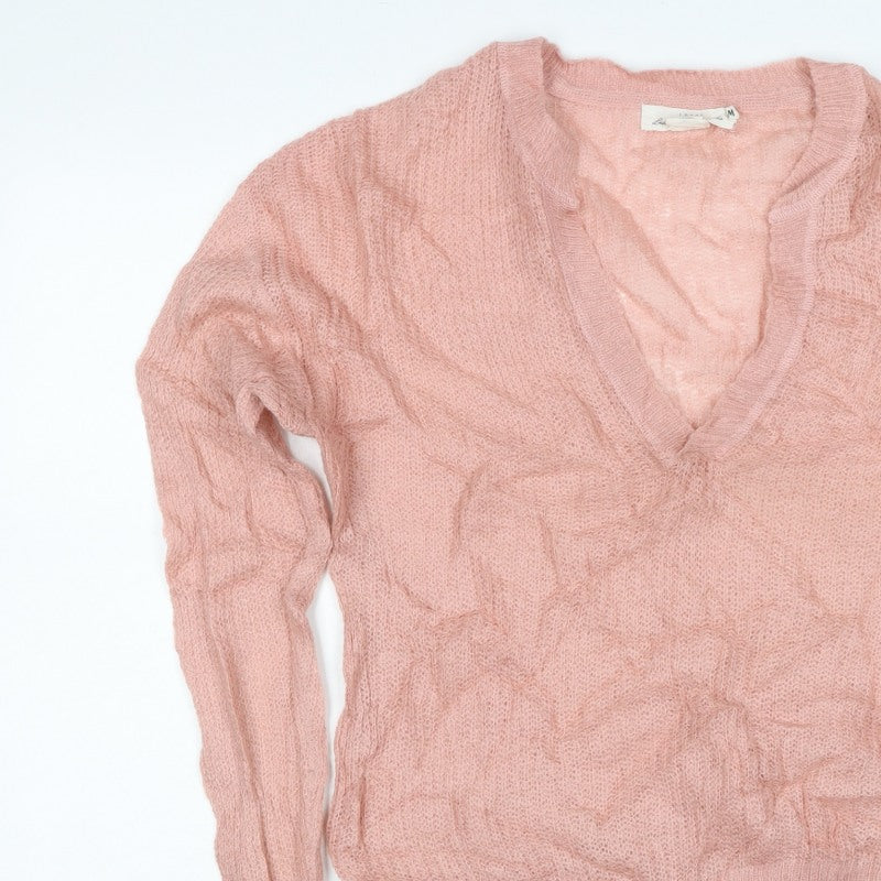 LOGG Women Pink M Mohair Blend V-Neck Open Knit Pullover Jumper