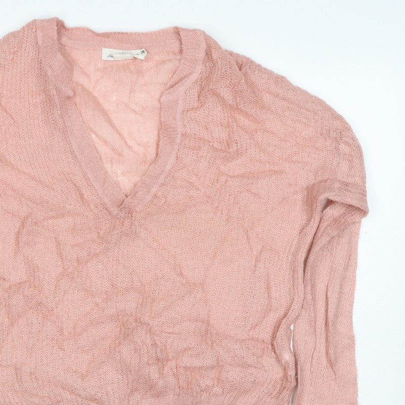 LOGG Women Pink M Mohair Blend V-Neck Open Knit Pullover Jumper