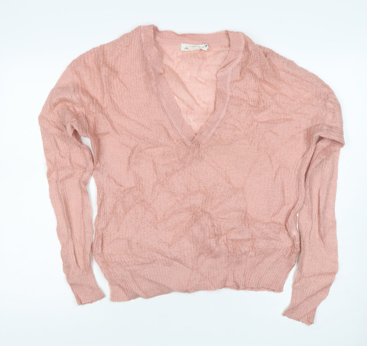 LOGG Women Pink M Mohair Blend V-Neck Open Knit Pullover Jumper
