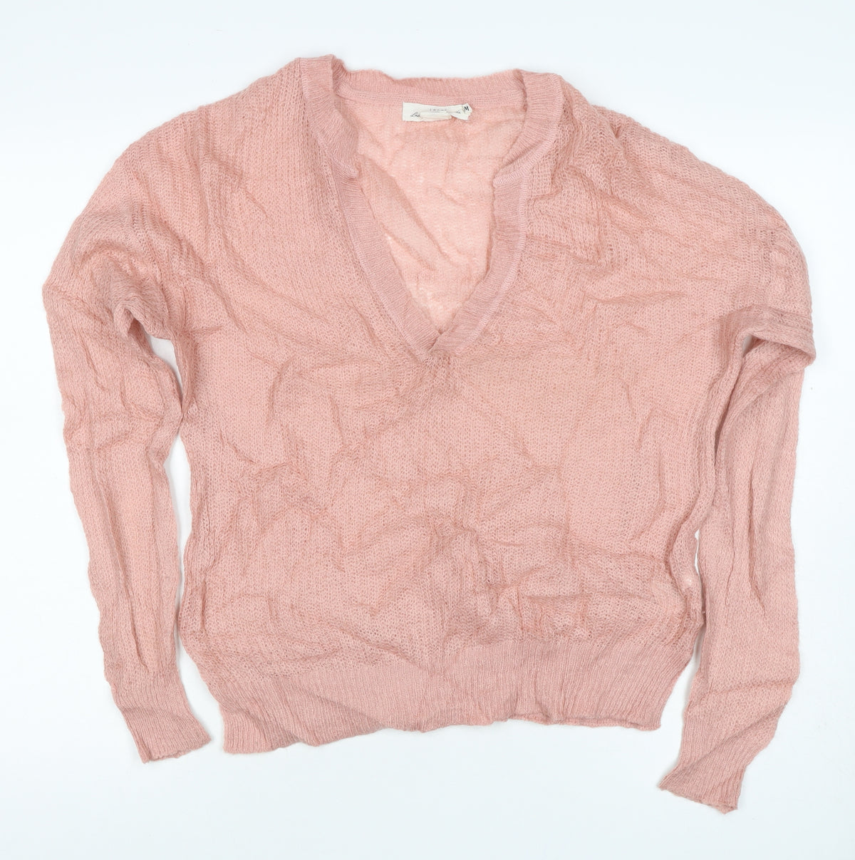 LOGG Women Pink M Mohair Blend V-Neck Open Knit Pullover Jumper