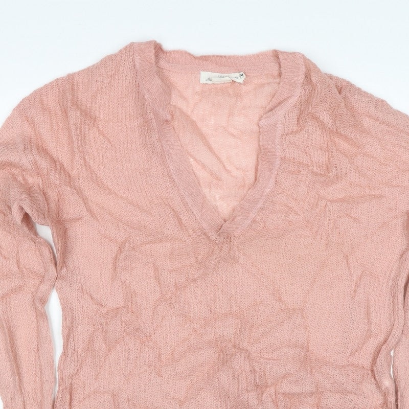 LOGG Women Pink M Mohair Blend V-Neck Open Knit Pullover Jumper