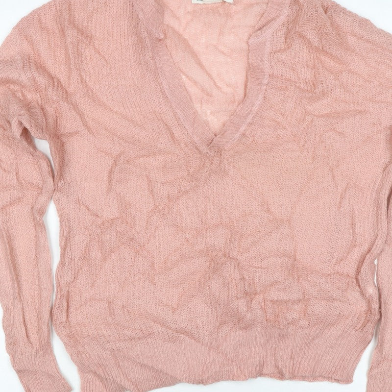 LOGG Women Pink M Mohair Blend V-Neck Open Knit Pullover Jumper