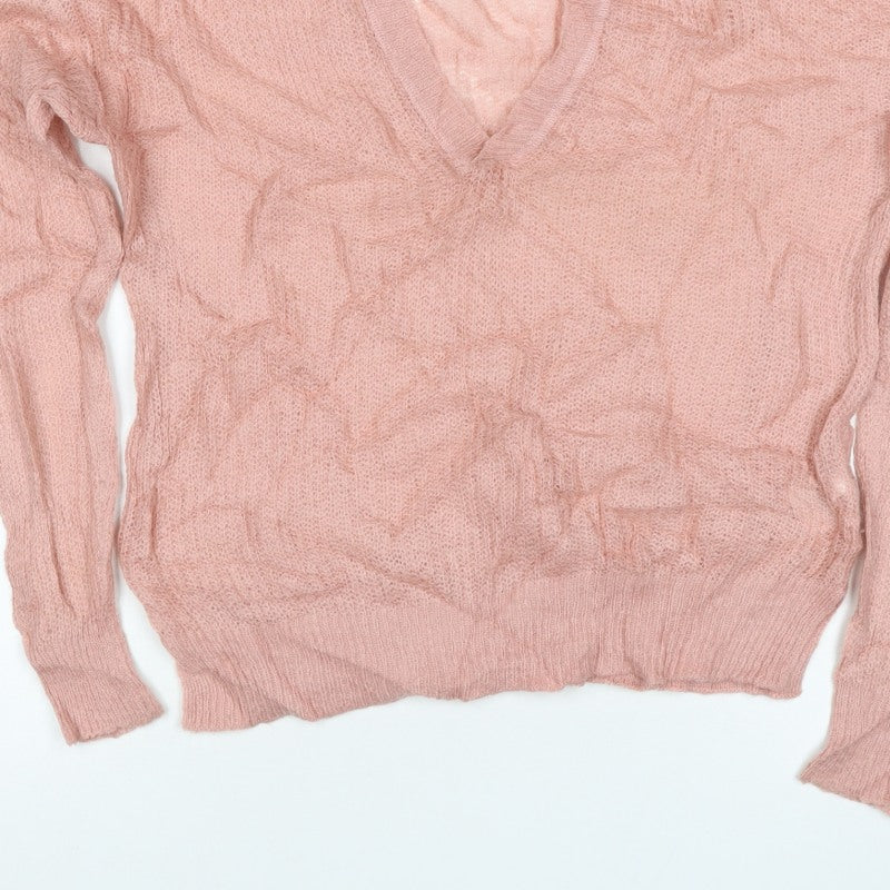 LOGG Women Pink M Mohair Blend V-Neck Open Knit Pullover Jumper