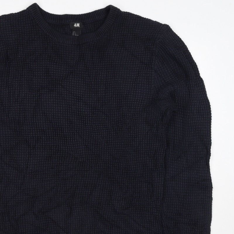 H&M Men's Blue L Waffle Knit Crew Neck Cotton Blend Pullover Jumper
