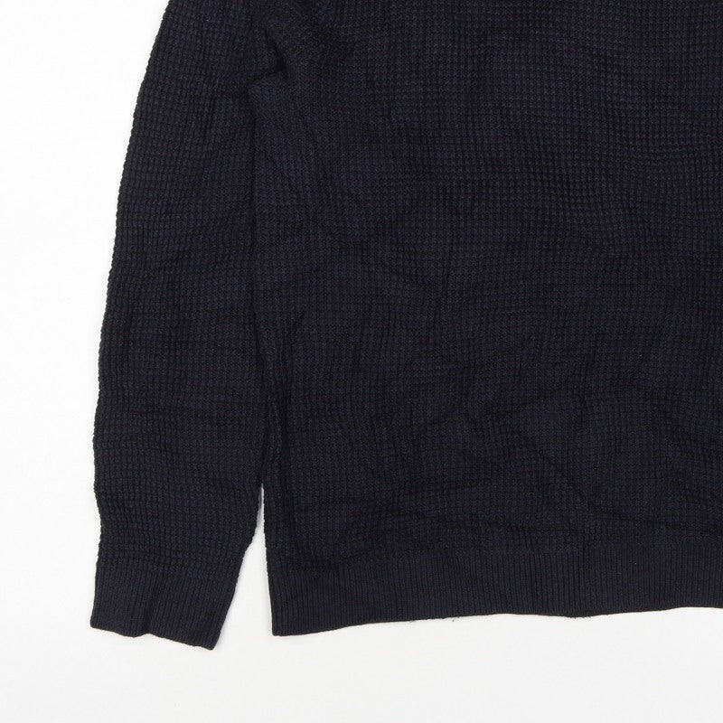 H&M Men's Blue L Waffle Knit Crew Neck Cotton Blend Pullover Jumper