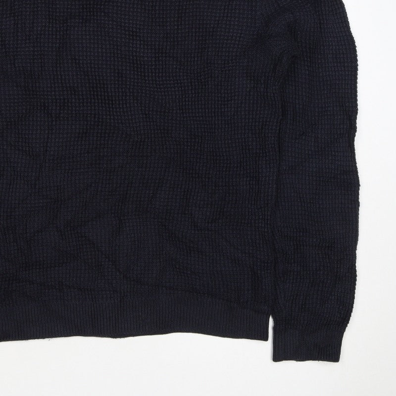 H&M Men's Blue L Waffle Knit Crew Neck Cotton Blend Pullover Jumper
