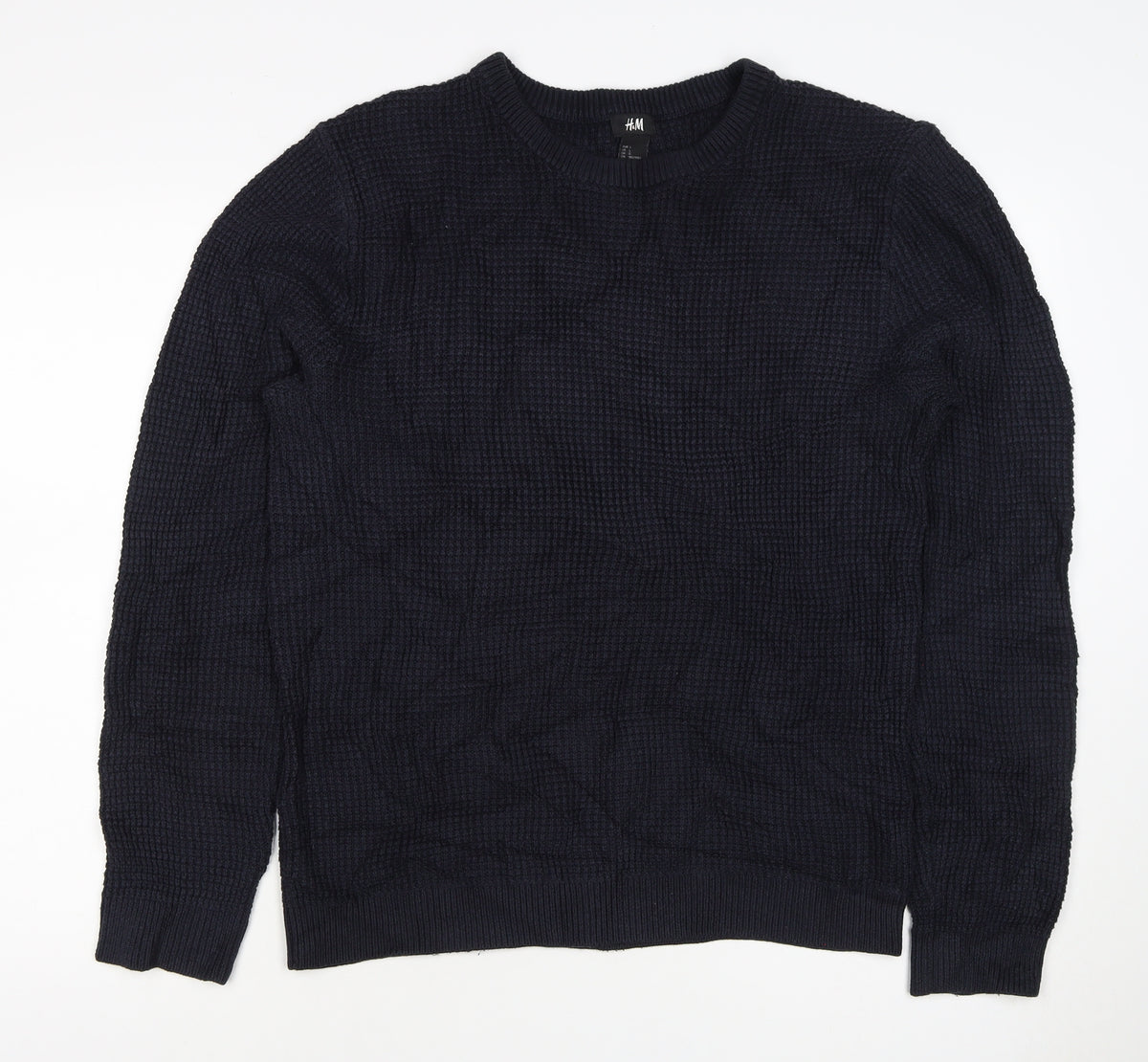 H&M Men's Blue L Waffle Knit Crew Neck Cotton Blend Pullover Jumper