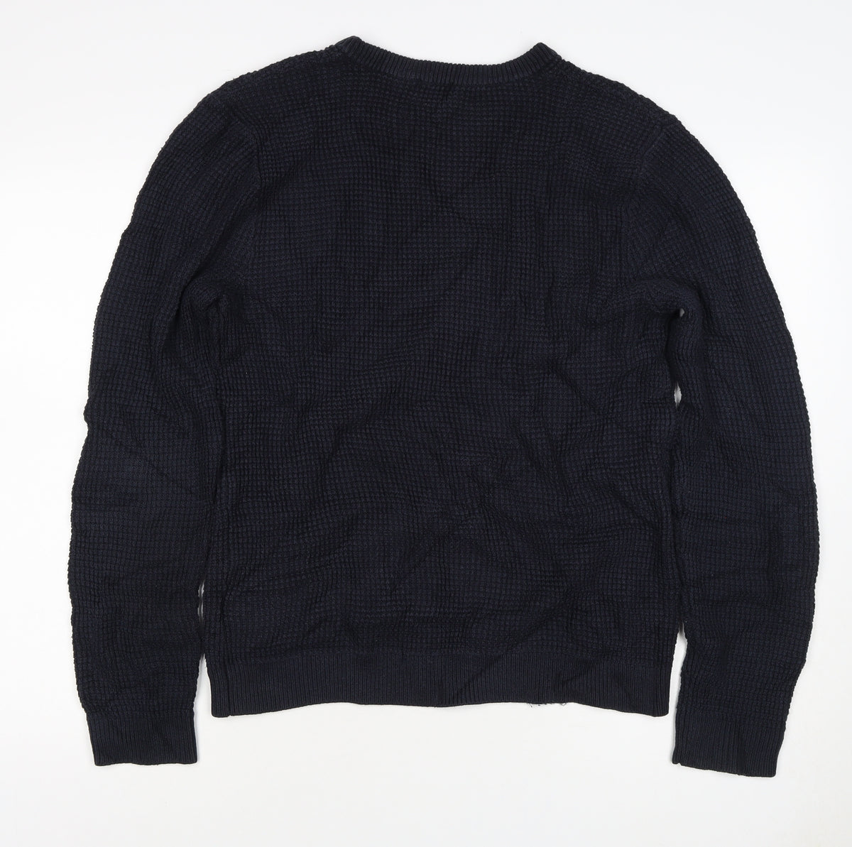 H&M Men's Blue L Waffle Knit Crew Neck Cotton Blend Pullover Jumper