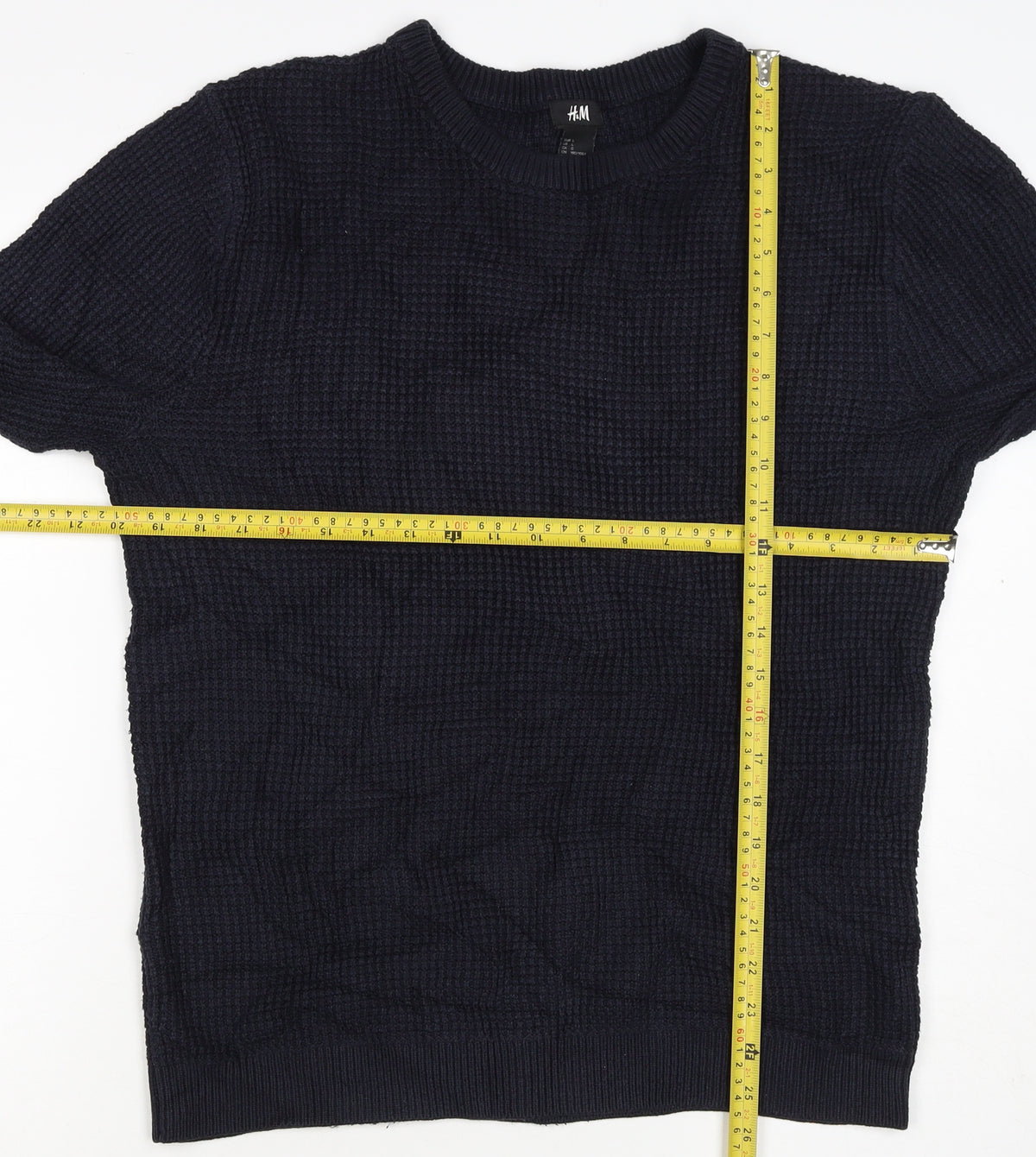 H&M Men's Blue L Waffle Knit Crew Neck Cotton Blend Pullover Jumper
