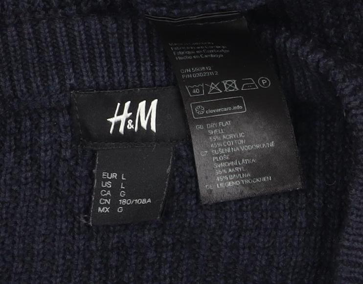 H&M Men's Blue L Waffle Knit Crew Neck Cotton Blend Pullover Jumper