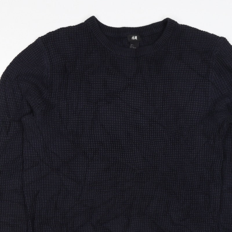 H&M Men's Blue L Waffle Knit Crew Neck Cotton Blend Pullover Jumper