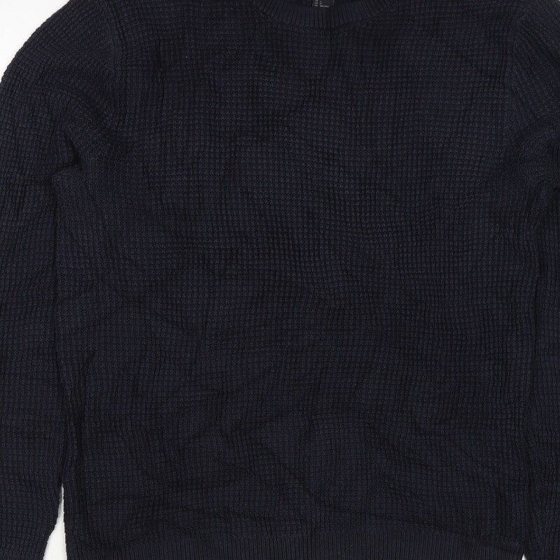 H&M Men's Blue L Waffle Knit Crew Neck Cotton Blend Pullover Jumper