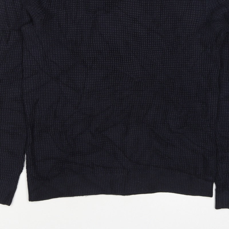 H&M Men's Blue L Waffle Knit Crew Neck Cotton Blend Pullover Jumper
