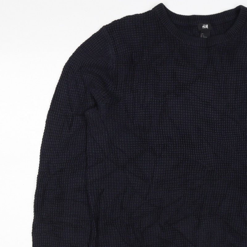 H&M Men's Blue L Waffle Knit Crew Neck Cotton Blend Pullover Jumper