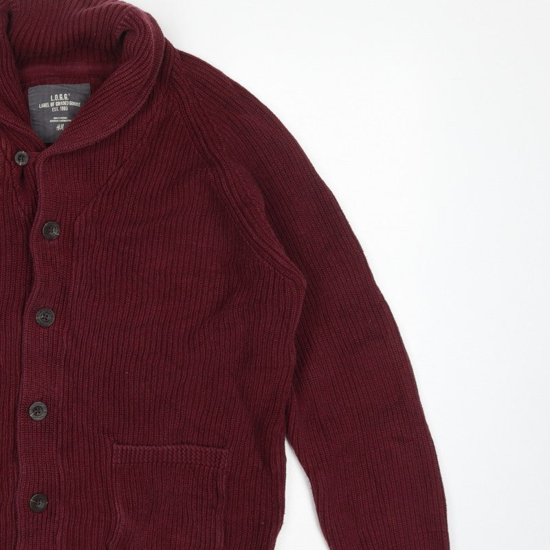 H&M LOGG Men’s Red L Chunky Knit Shawl Collar Button Cardigan