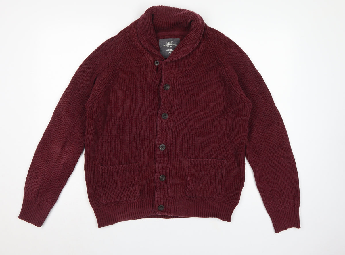 H&M LOGG Men’s Red L Chunky Knit Shawl Collar Button Cardigan
