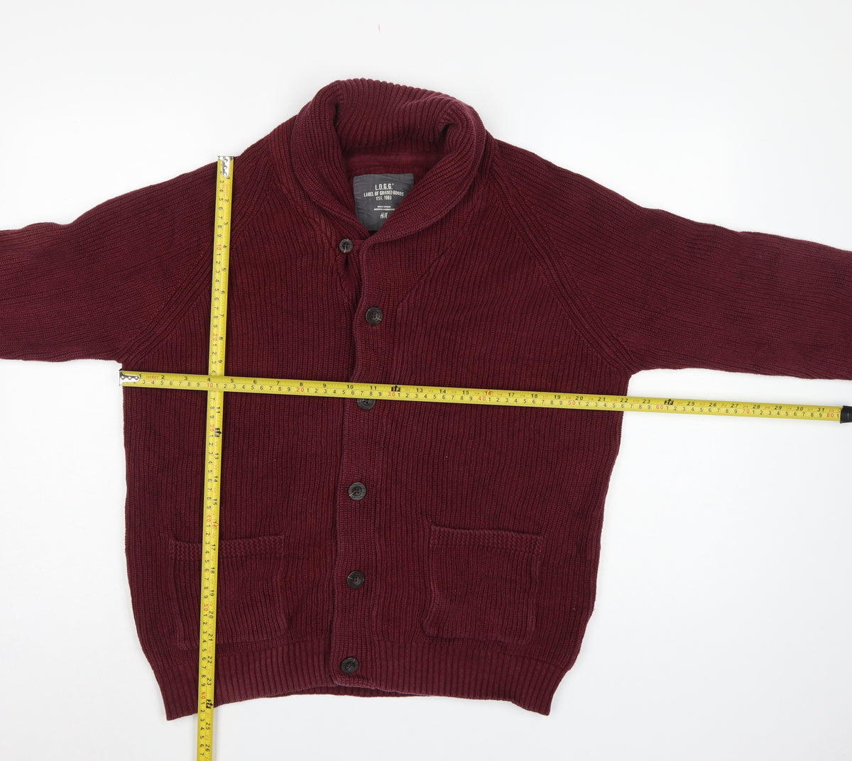 H&M LOGG Men’s Red L Chunky Knit Shawl Collar Button Cardigan