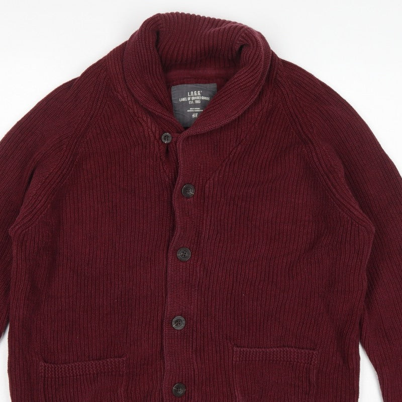 H&M LOGG Men’s Red L Chunky Knit Shawl Collar Button Cardigan