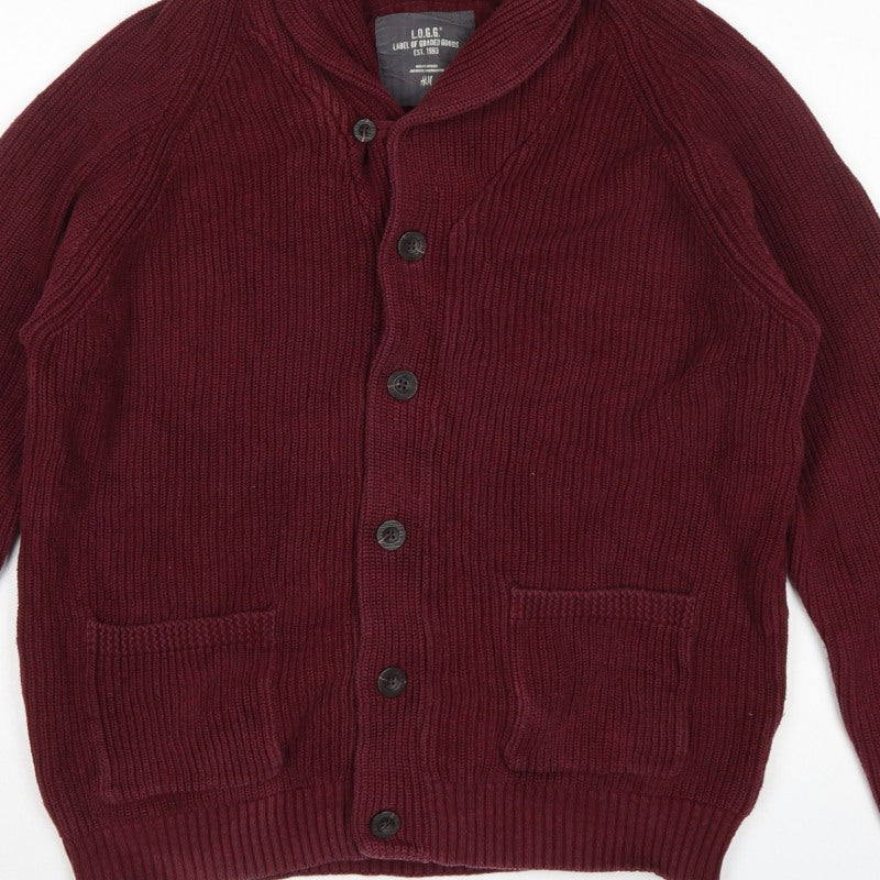 H&M LOGG Men’s Red L Chunky Knit Shawl Collar Button Cardigan