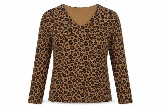 Hobbs Women Brown Leopard Print V-Neck Jersey 3/4 Sleeve Top UK S