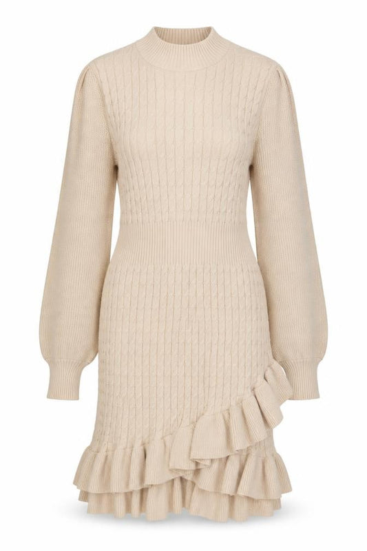 Flat White Women Beige XL Cable Knit Ruffle Long Jumper Dress