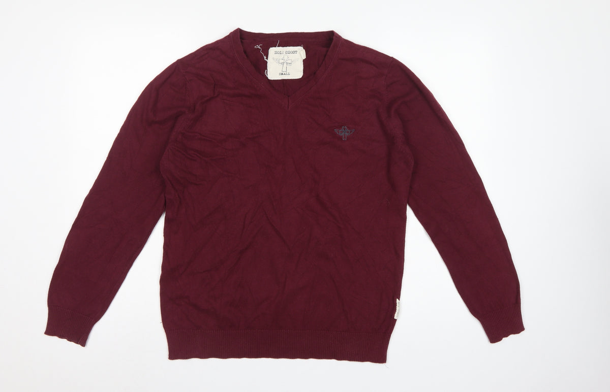 Holy Ghost Men's Red Cotton V-Neck Pullover Jumper Small Logo