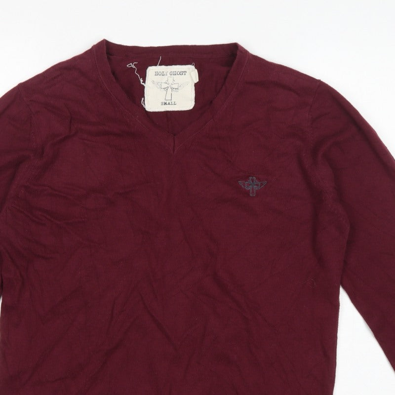 Holy Ghost Men's Red Cotton V-Neck Pullover Jumper Small Logo