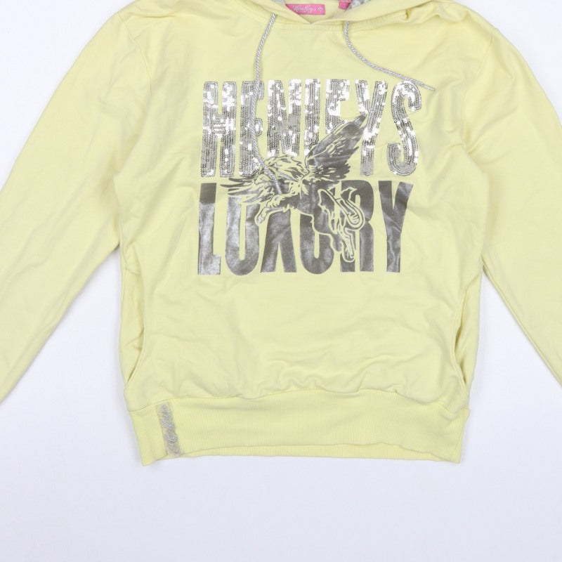 Henleys Women Yellow UK 2 Pullover Hoodie Sequin Eagle Graphic