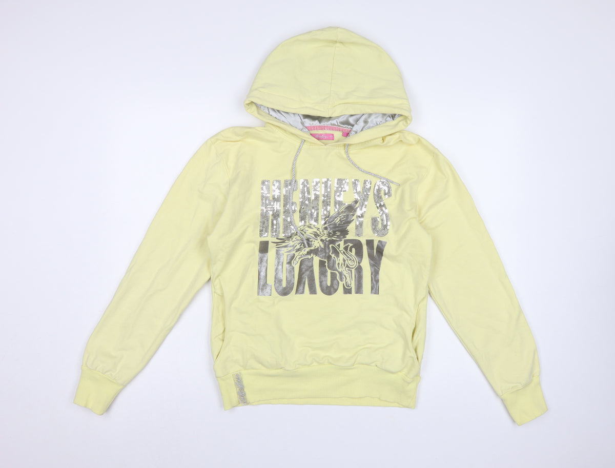 Henleys Women Yellow UK 2 Pullover Hoodie Sequin Eagle Graphic