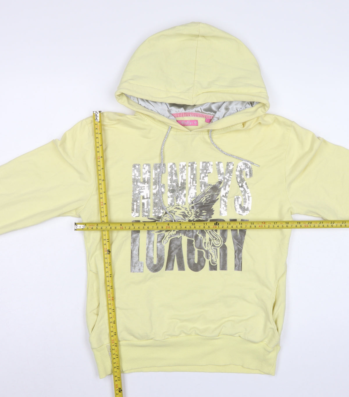 Henleys Women Yellow UK 2 Pullover Hoodie Sequin Eagle Graphic