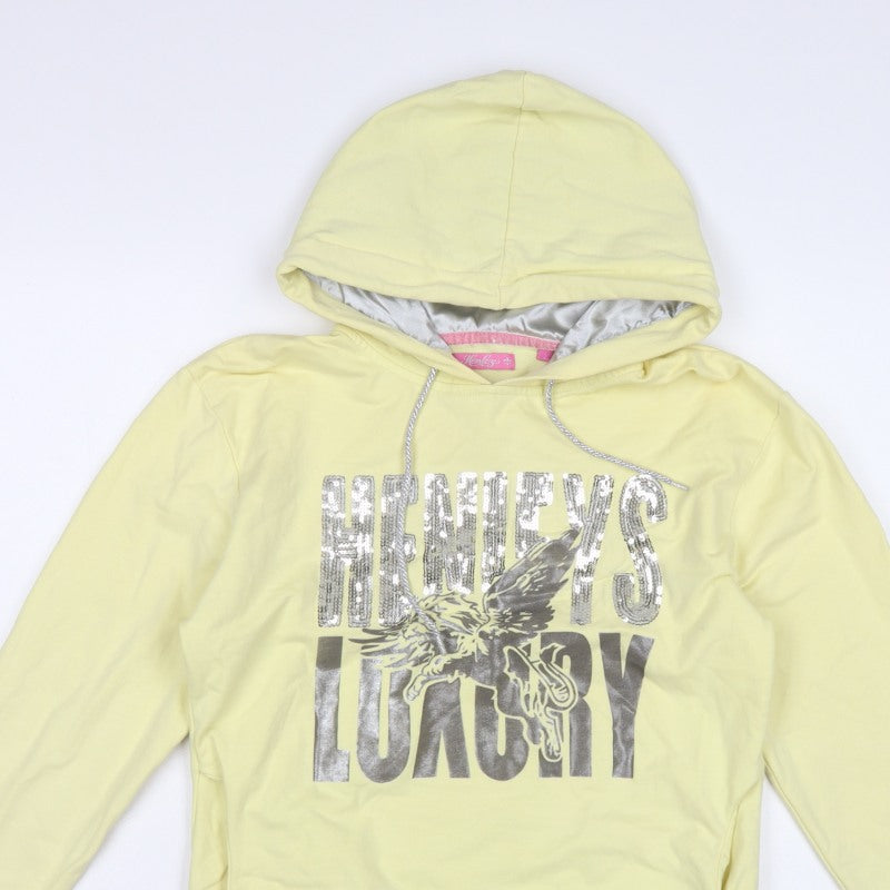 Henleys Women Yellow UK 2 Pullover Hoodie Sequin Eagle Graphic