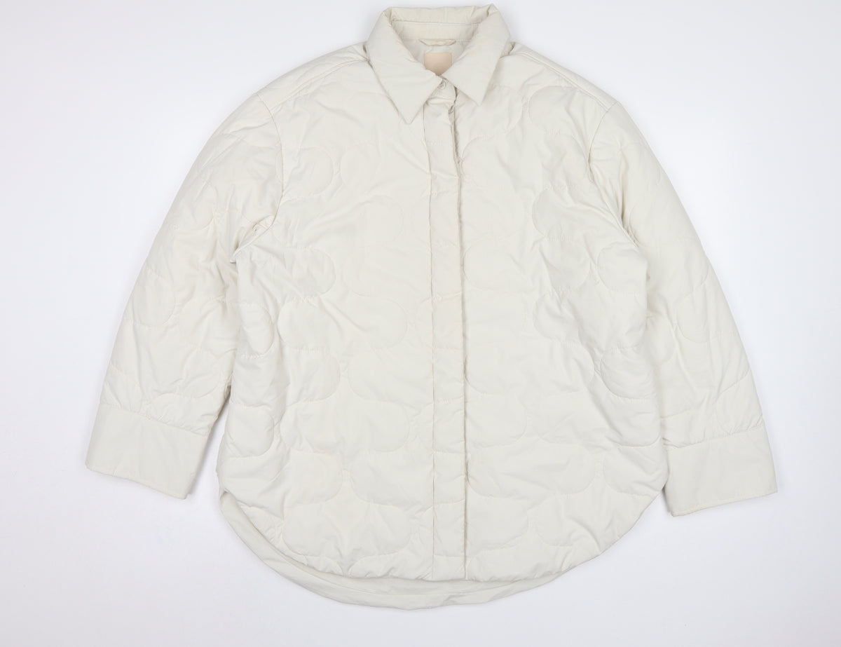H&M Women Ivory UK 12 Quilted Padded Collared Mid-Length Jacket