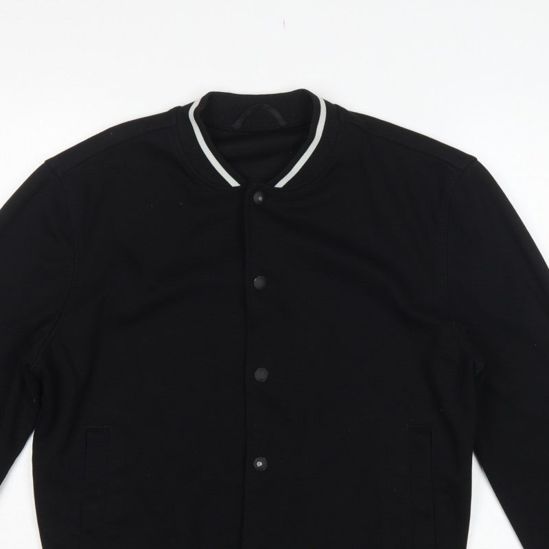 Zara Men's Black M Varsity Bomber Jacket Snap Button Stretch