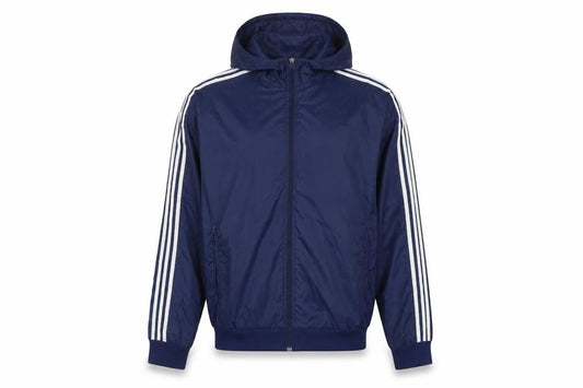 adidas Men's Blue L Hooded Windbreaker 3 Stripe Full Zip Jacket