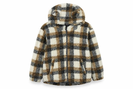 Matalan Girls Grey Brown Check Borg Fleece Hooded Jacket 6-7 Years