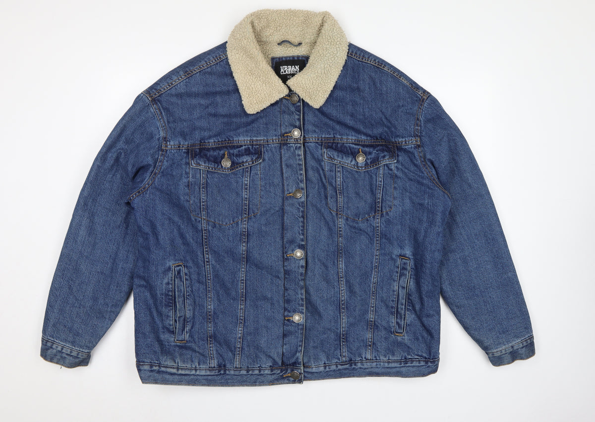 Urban Classics Women Blue 2XL Denim Sherpa Collar Jacket Button Pockets