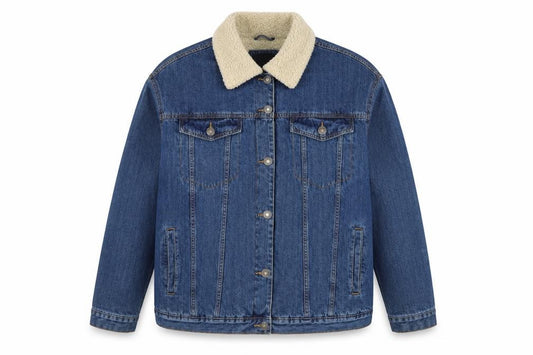 Urban Classics Women Blue 2XL Denim Sherpa Collar Jacket Button Pockets