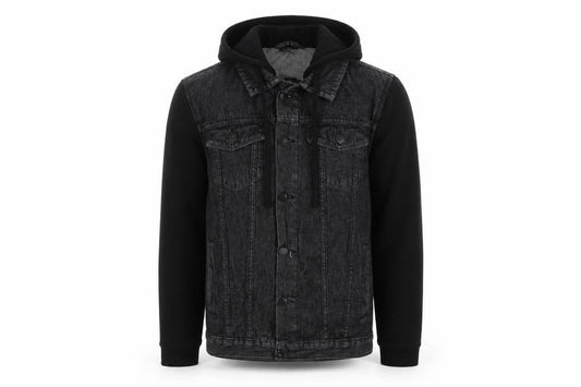 Pep&Co Men's Black M Hooded Denim Jacket Button Up Pockets