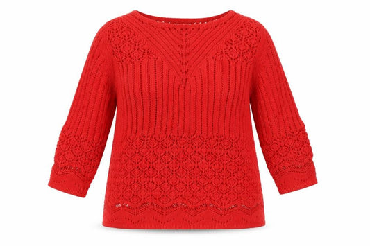 Monsoon Women Red L Cotton Open-Knit V-Neck 3/4 Sleeve Jumper
